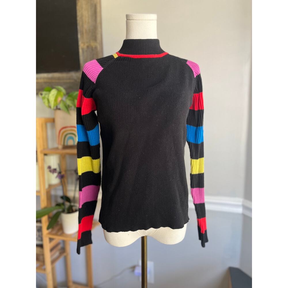 Vintage 90s Black Mockneck Ribbed Sweater Colorful Stripes Size Large